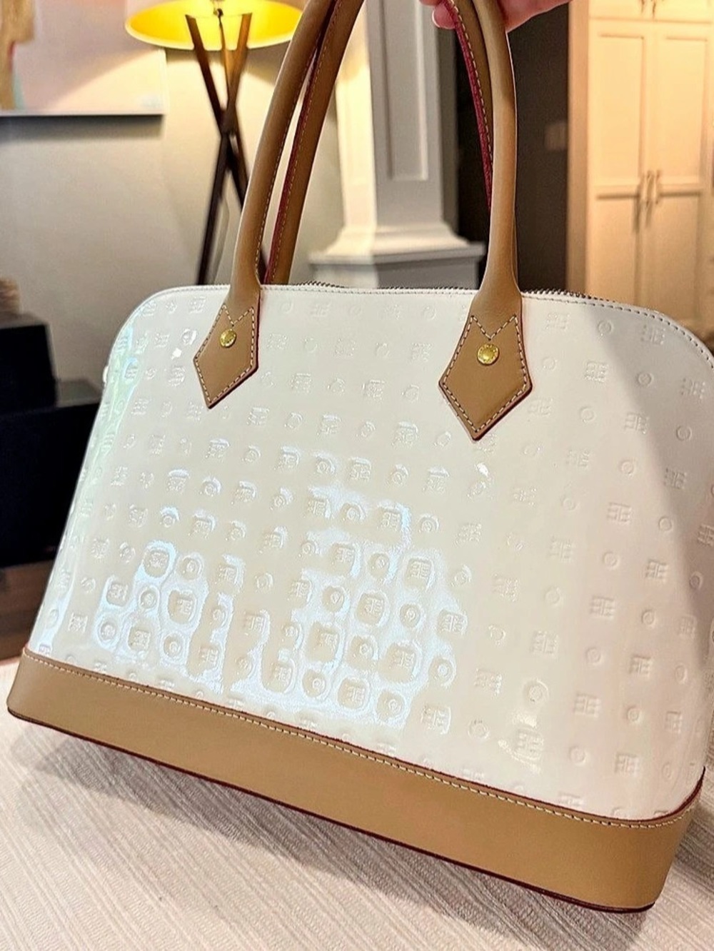 Genuine patent leather Arcadia Embossed Structured Tote in White & Brown New